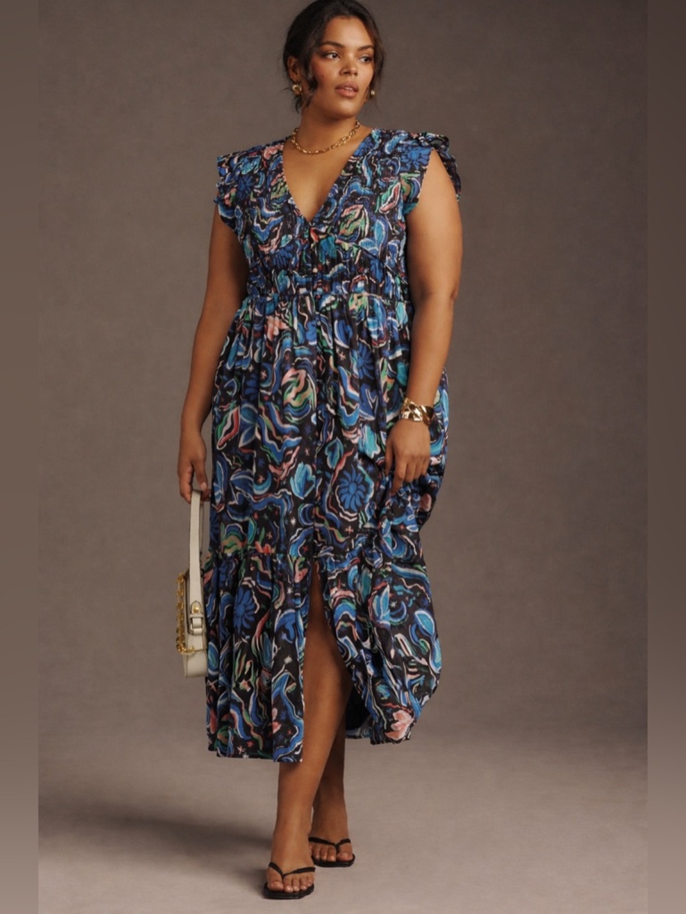 Anthropologie Peregrine Midi Dress Blue Floral Smocked Bodice XL